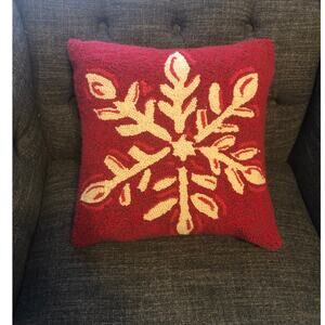 Hooked Throw Pillow Red/Cream Christmas Snowflake Velvet Backing